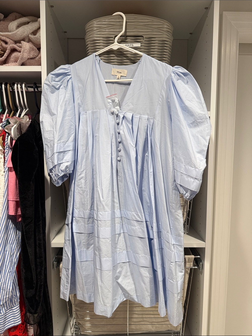 Pale Blue Puff-Sleeve Dress with Button Front